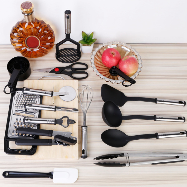 23Pcs Kitchen Utensil Set Stainless Steel Nylon Heat Resistant Cooking Utensil Tool Kit w/ Grater Scraper Tongs Whisk Can Bottle Opener Pizza Cutter Vegetable Peeler Spoon Ladle Turner Spatula Potato 