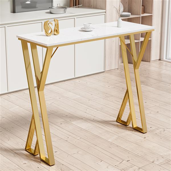 47" Modern High White Bar Table with Golden Double Pedestal