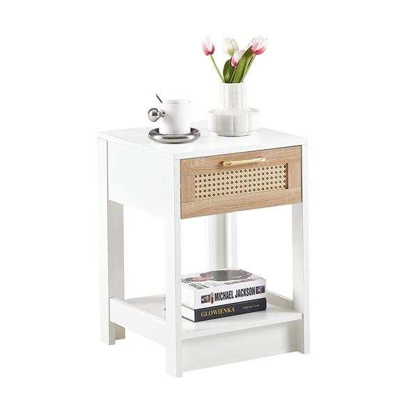 15.75" Rattan End table with  drawer, Modern nightstand, side table for living room, bedroom,white