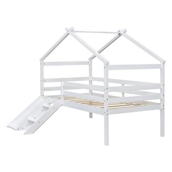 Twin Low Loft House Bed with Slide,  Ladder, Safety Guardrails, House Roof Frame,White