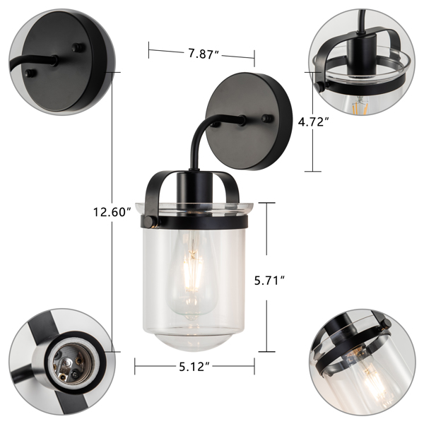 1-Light ll Lamp with Clear Glass Shade，Modern ll Sconce， Industrial Indoor ll Light Fixture for Bathroom Living Room Bedroom Over Kitchen Sink，E26 Socket,[bulb not included][Unable to ship on weekends