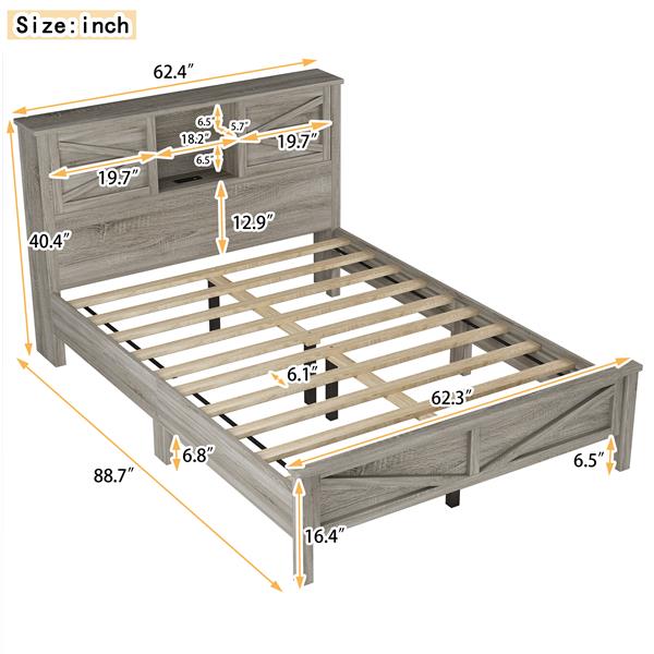 Farmhouse Platform Bed with Double Sliding Barn Door, Queen Size Rustic Wood Bed with
Charging Station, Wood Slats Support, Antique Gray