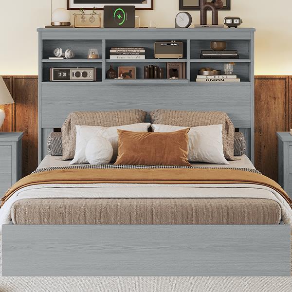 Queen Size Vintage Platform Bed,With Storage Headboard and Charging Station, Light Gray