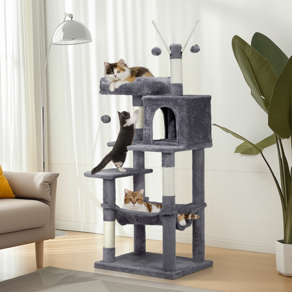 57 inch Cat Tree Cat Tower for Indoor Cats, Cat House with Padded Platform Bed, Toy Balls, Large Cozy Condo and Sisal Scratching Posts, Dark Grey