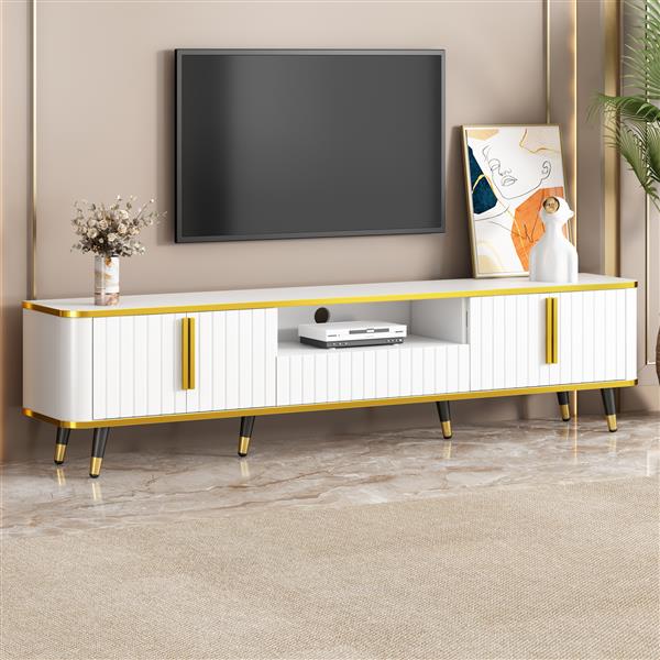 Luxury Minimalism TV Stand with Open Storage Shelf for TVs Up to 85", Entertainment Center with Cabinets and Drawers, Practical Media Console with Unique Legs for Living Room, White