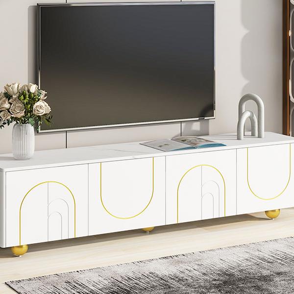 Modern TV Stand for TVs up to 75 Inches, Entertainment Center with Storage Cabinets and 1 Adjustable Shelf, Media Console with Marble-patterned Top and Golden Round Metal Legs for Living room