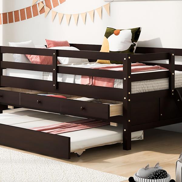 Low Loft Bed Twin Size with Full Safety Fence, Climbing ladder, Storage Drawers and Trundle Espresso Solid Wood Bed