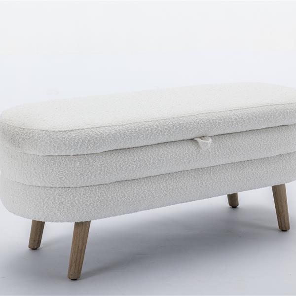 036-Boucle Fabric Storage Bench Bedroom Bench With Wood Legs For Living Room Bedroom Indoor,Ivory