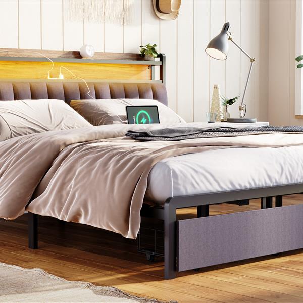 King Bed Frames with Storage Headboard and Drawers, LED Platform Bed Frame King Size, LED Upholstered Bed Frame with Charging Station, No Box Spring Needed, Easy Assembly, Grey