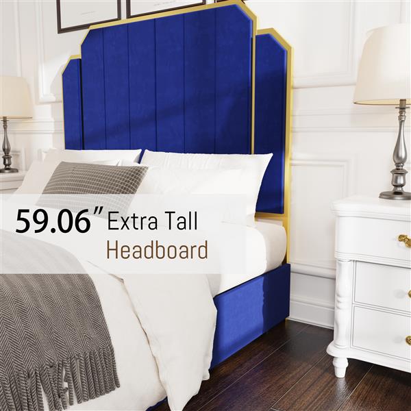 Queen Size Bed Frame and 59.06" Headboard, Upholstered Bed with lden Plating Trim, Modern Platform Bed No Box Spring Needed, Navy Blue Queen Bed