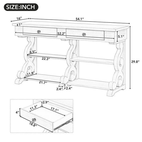 Retro Console Table/Sideboard with Ample Storage, Open Shelves and Drawers for Entrance, Dinning Room, Living Room (Antique White)