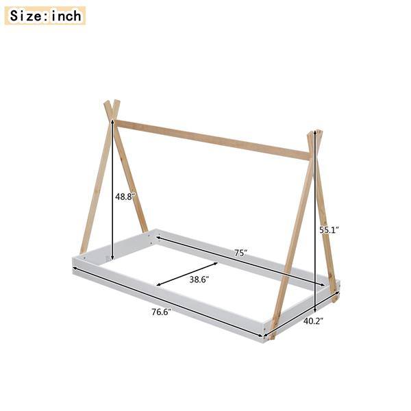 Twin Size Tent Floor Bed with Triangle Structure, White+Natural