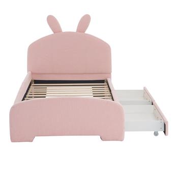 Twin Size Upholstered Platform Bed with Cartoon Ears Shaped Headboard and 2 Drawers, Pink