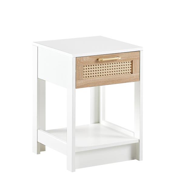 15.75" Rattan End table with  drawer, Modern nightstand, side table for living room, bedroom,white