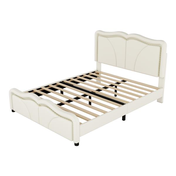 Full Size Upholstered Platform Bed with Curve Shaped and Height-adjustbale Headboard,LED Light Strips,White