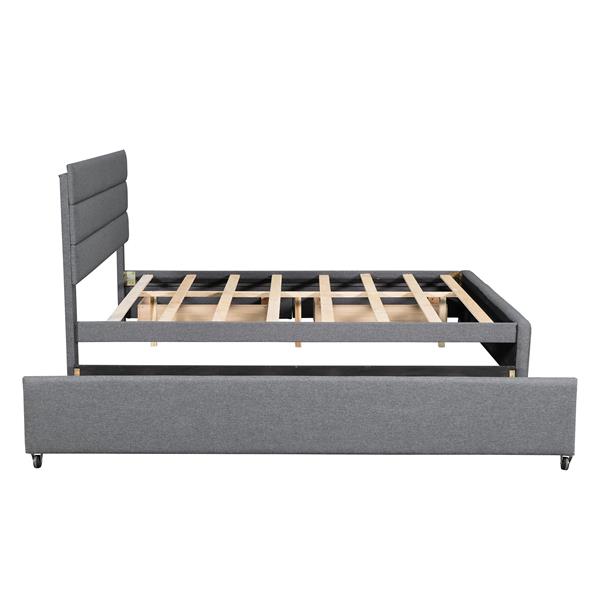 Queen Upholstered Platform Bed with Twin Size Trundle and Two Drawers,Grey