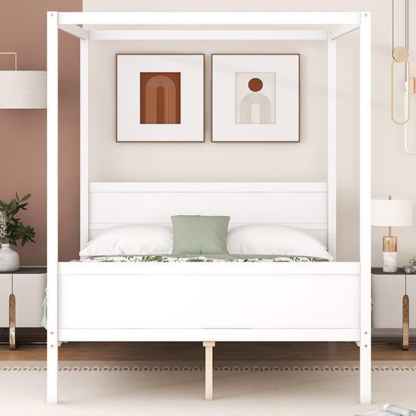 Queen Size Canopy Platform Bed with Headboard and Footboard,Slat Support Leg - White