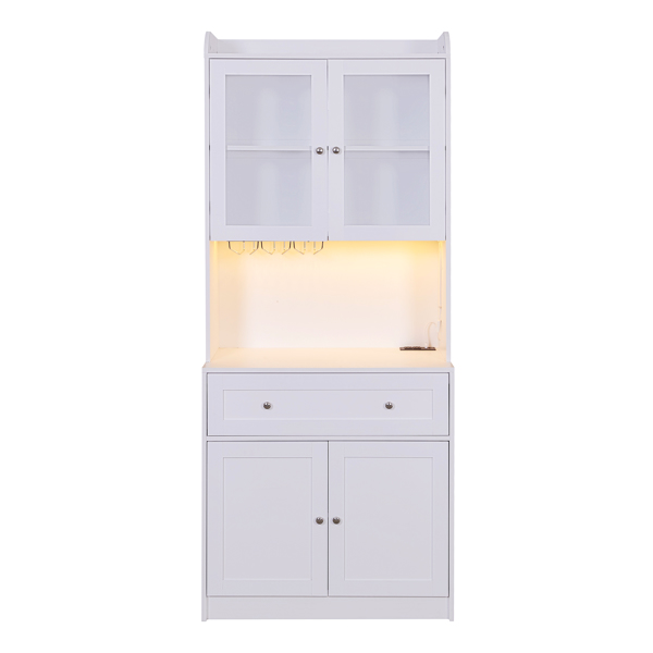 75.2" Tall Kitchen Pantry Storage Cabinet with Lights and Charging Station, Modern Kitchen Hutch Bar Cabinet with Microwave Stand, Wood Buffet Sideboard with 1 Drawer for Kitchen, Dining Room 