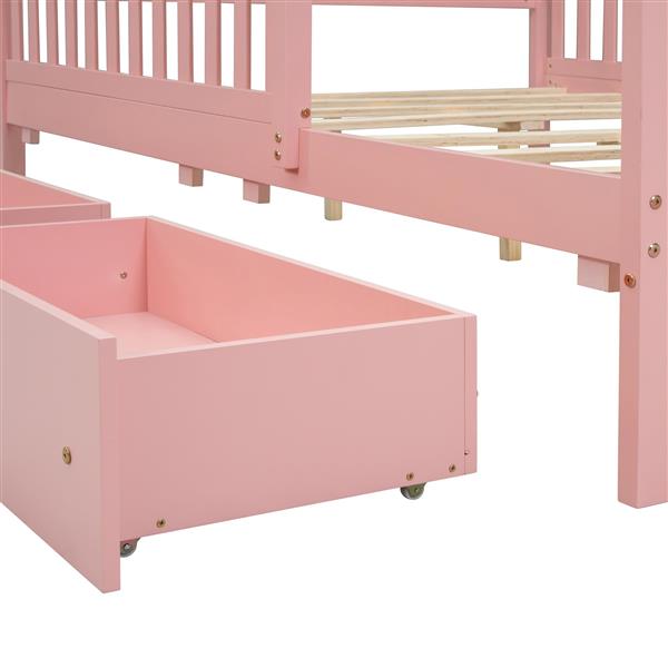 Full Size Wood Platform Bed with Guardrails on Both Sides and Two Storage Drawers ,Pink