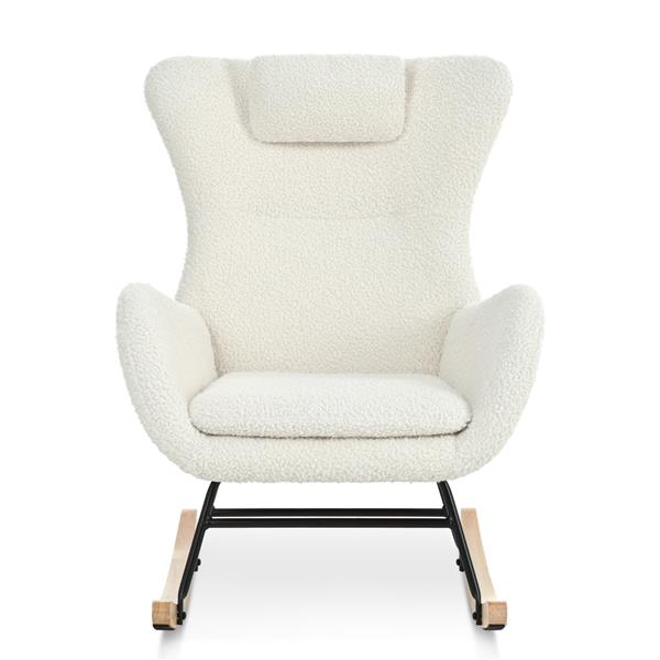 Rocking Chair Nursery, Teddy Upholstered Rocker Glider Chair with High Backrest, Adjustable Headrest & Pocket, Comfy Glider Chair for Nursery, Bedroom, Living Room, Offices, Rubber wood, white