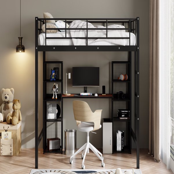 Full Size Metal Loft Bed with Built-in Desk and Shelves, Black+Brown