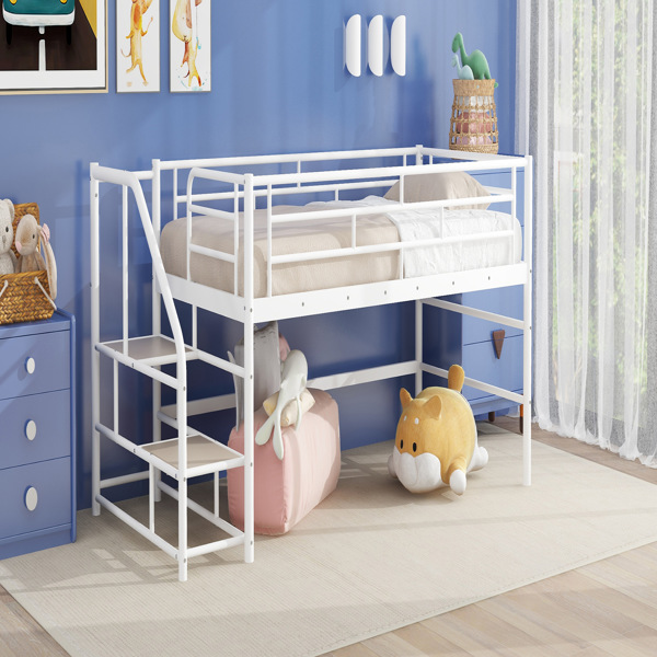 Mid Loft Bed with Storage stairs, Twin, White