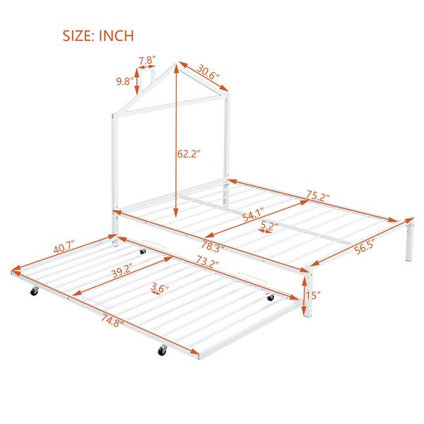 Full Size Metal Platform Bed with twin size trundle,House-Shaped Headboard Design, White