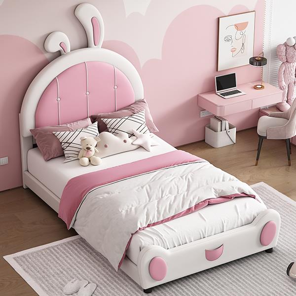 Twin Size Upholstered Platform Bed with Rabbit Shaped Headboard, White