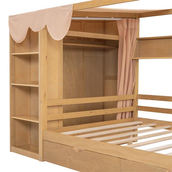 Full size House Bed with Two Drawers and Wardrobe,Natural