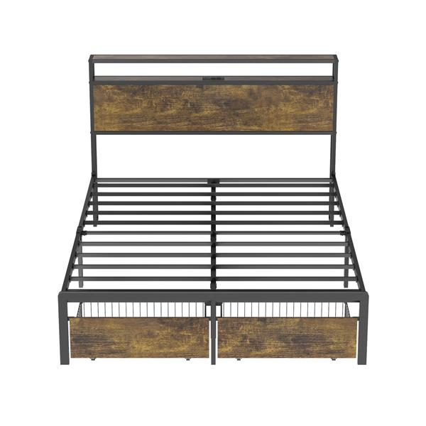 Full Bed Frame with LED Lights and Charging Station - Robust Metal  Wood Construction, Rustic Wood Platform Bed Frame with 2 Drawers, No Box Spring Needed, Noise Free, Vintage Brown, Easy Assemble