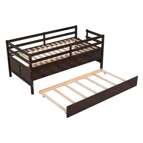 Low Loft Bed Twin Size with Full Safety Fence, Climbing ladder, Storage Drawers and Trundle Espresso Solid Wood Bed