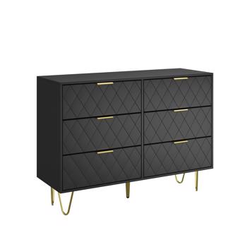 Modern black 6 Drawers for Bedroom, Modern 6 Drawer Dresser, Wide Chest of Drawers with Gold Handles, Wood Double Dresser Storage Cabinet for Living Room, Bedroom, Hallway 