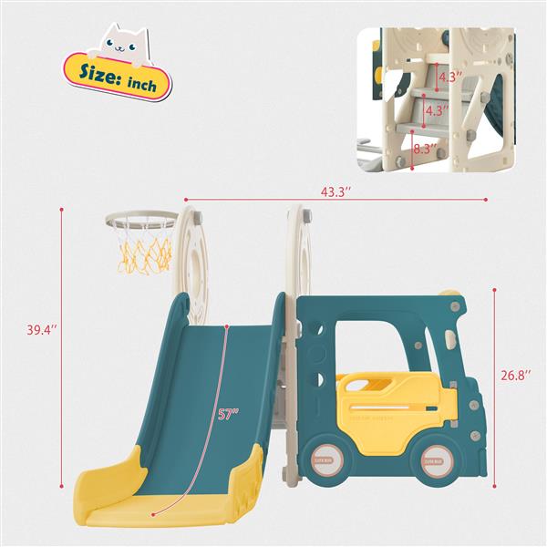 Kids Slide with Bus Play Structure,  Bus Toy with Slide for Toddlers, Bus Slide Set with Basketball Hoop