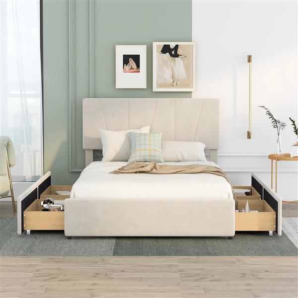 Full Size Upholstery Platform Bed with Four Drawers on Two Sides, Adjustable Headboard, Beige