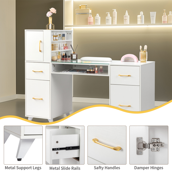  white relief particle board tempered glass 141*50*112cm three doors and two drawers fanless nail table