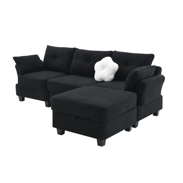 [VIDEO provided] [New] 92*63"Modern Teddy Velvet Sectional Sofa,Charging Ports on Each Side,L-shaped Couch with Storage Ottoman,4 seat Interior Furniture for Living Room, Apartment,3 Colors(3 pillows)