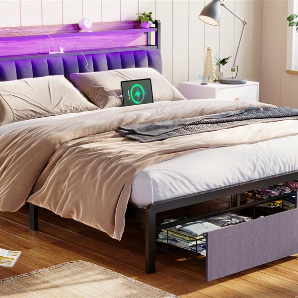 King Bed Frames with Storage Headboard and Drawers, LED Platform Bed Frame King Size, LED Upholstered Bed Frame with Charging Station, No Box Spring Needed, Easy Assembly, Grey