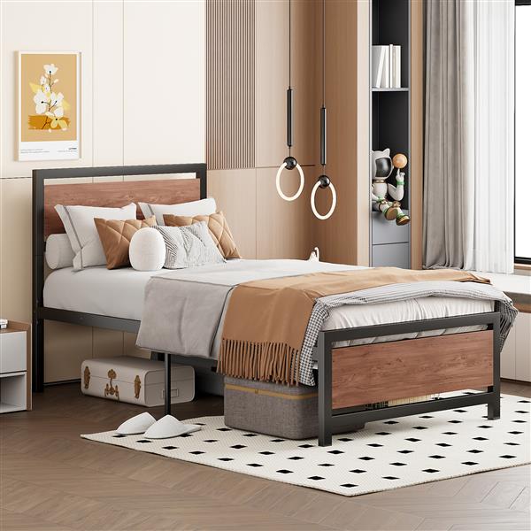 Twin Size Platform Bed, Metal and Wood Bed Frame with Headboard and Footboard, Black