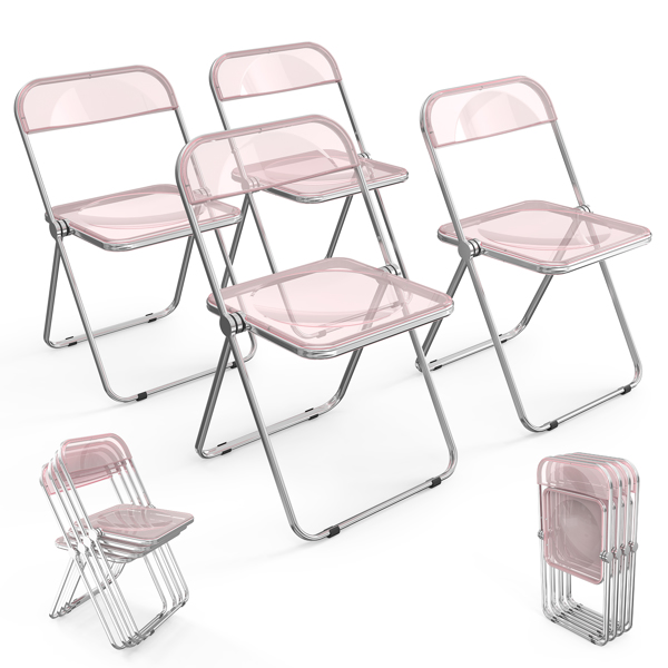 2pcs Foldable Patio Plastic Folding Chairs Pink Transparent