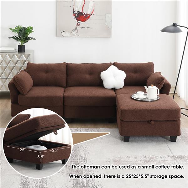 [VIDEO provided] [New] 92*63"Modern Teddy Velvet Sectional Sofa,Charging Ports on Each Side,L-shaped Couch with Storage Ottoman,4 seat Interior Furniture for Living Room, Apartment,3 Colors(3 pillows)