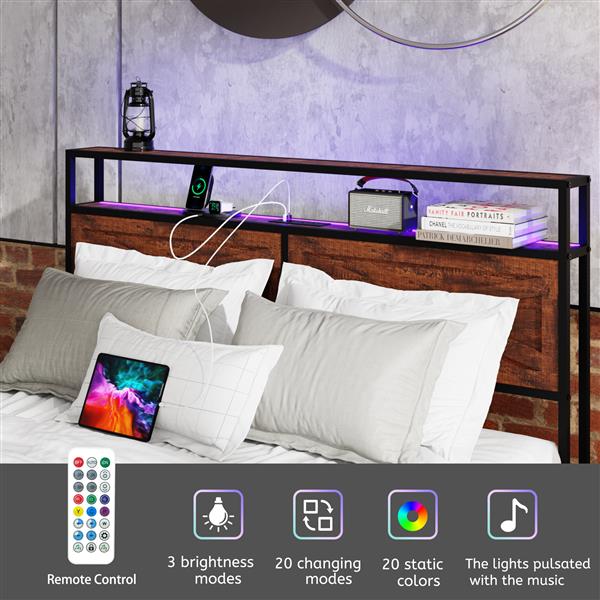 Queen Bed Frame with Storage Headboard and 12 Drawers LED Lights, Metal Platform Non-Slip Without Noise Mattress Foundation Strong Metal Slats Support,No Box Spring Needed