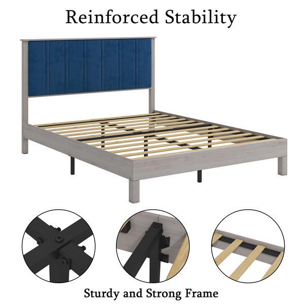 Full Bed Frame, Wood with Wood Headboard Bed Frame with upholstered headboard /  Wood Foundation with Wood Slat Support / No Box Spring Needed / Easy Assembly