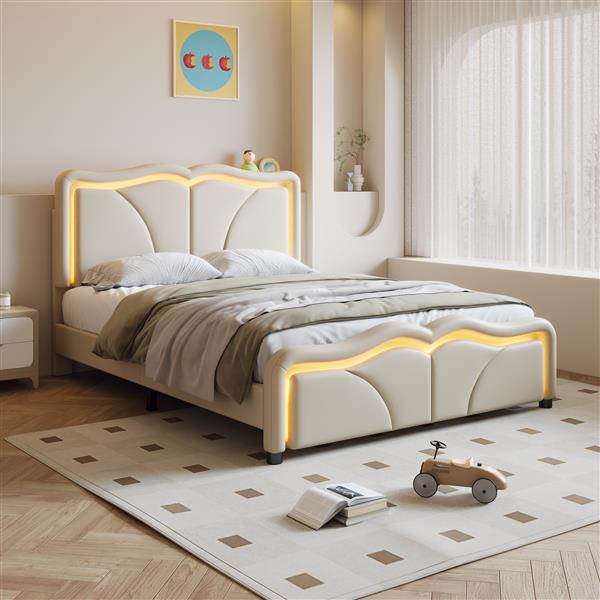 Full Size Upholstered Platform Bed with Curve Shaped and Height-adjustbale Headboard,LED Light Strips,White