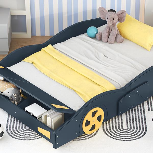 Full Size Race Car-Shaped Platform Bed with Wheels and Storage, Dark Blue+Yellow