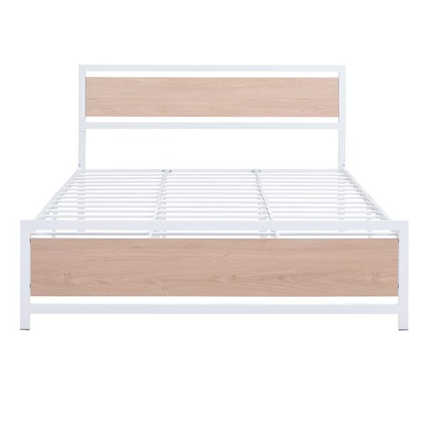 Queen Size Platform Bed, Metal and Wood Bed Frame with Headboard and Footboard , White