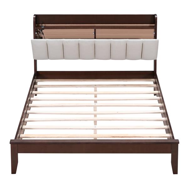 Full size Platform Bed with USB Charging Station and Storage Upholstered Headboard,LED Bed Frame,No Box Spring Needed,Walnut+Beige