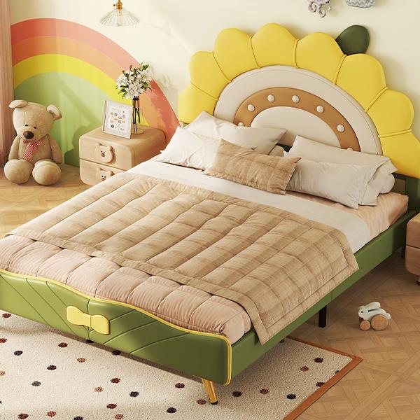 Full Size Upholstered Platform Bed with Sunflower Shaped Headboard, Green