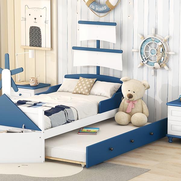 Twin Size Boat-Shaped Platform Bed with Twin size Trundle,Twin Bed with Storage for Bedroom,Blue