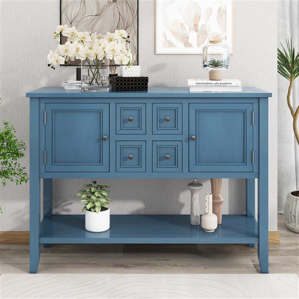 Series  Ample Storage Vintage Console Table with Four Small Drawers and Bottom Shelf for Living Rooms, Entrances and Kitchens (Light Navy