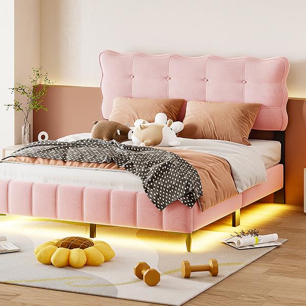 Queen Size Velvet Platform Bed with LED Frame and Stylish Mental Bed Legs, Pink